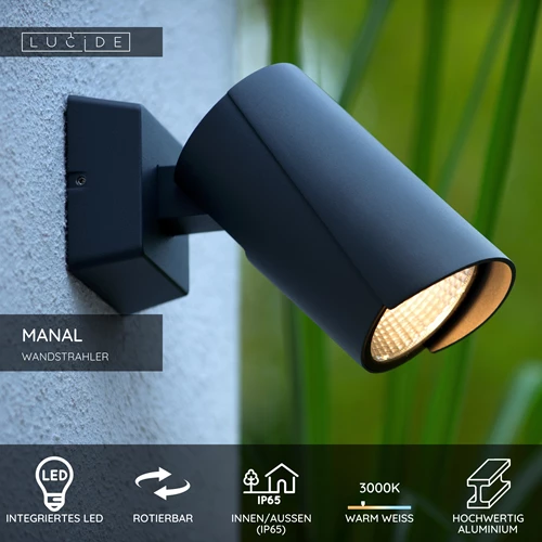 Lucide MANAL - Wandstrahler / Wandleuchte Innen/Außen - LED - 1x13W 3000K - IP65 - Anthrazit - USP